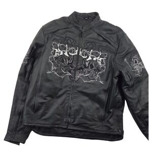 Xelement‎ Embroidered Motorcycle Jacket Triple Flaming Skulls Black Leather XL